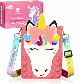 Ecomerr Unicorn Pop Purse, Glow in The Dark Crossbody Shoulder Bag with Adjustable Strap & Strong Zipper, Sensory Toys Party Favors, Birthday Gifts for Girls, Stress Relief Toy - 5.4x3x7”