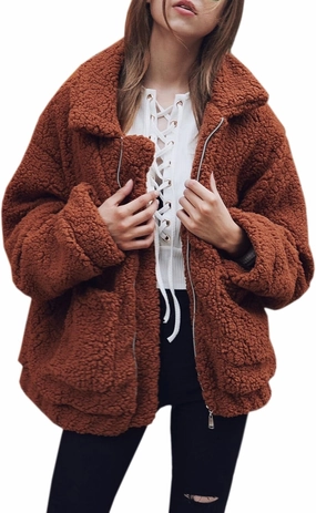 ECOWISH Women Jacket Winter Coat - 2024 Fur Fleece Long Sleeve Sherpa Faux Fuzzy Fall Teddy Fluffy Zip Lapel Outfits