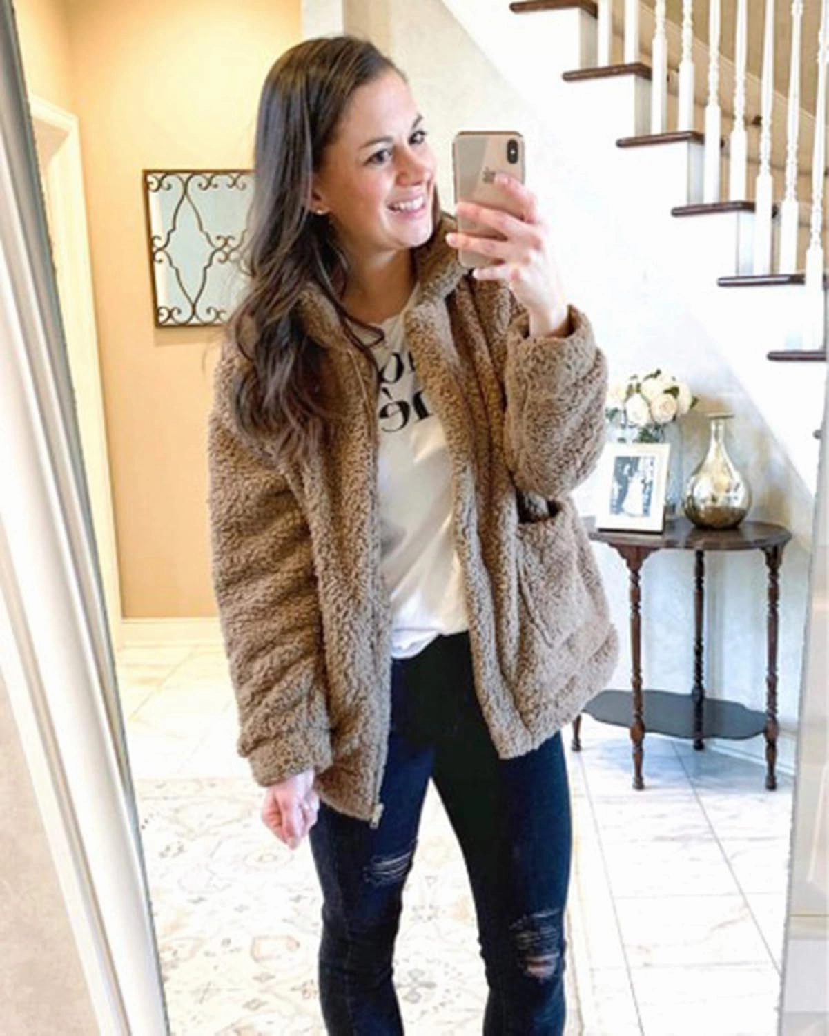 ECOWISH Women Jacket Winter Coat - 2024 Fur Fleece Long Sleeve Sherpa Faux Fuzzy Fall Teddy Fluffy Zip Lapel Outfits