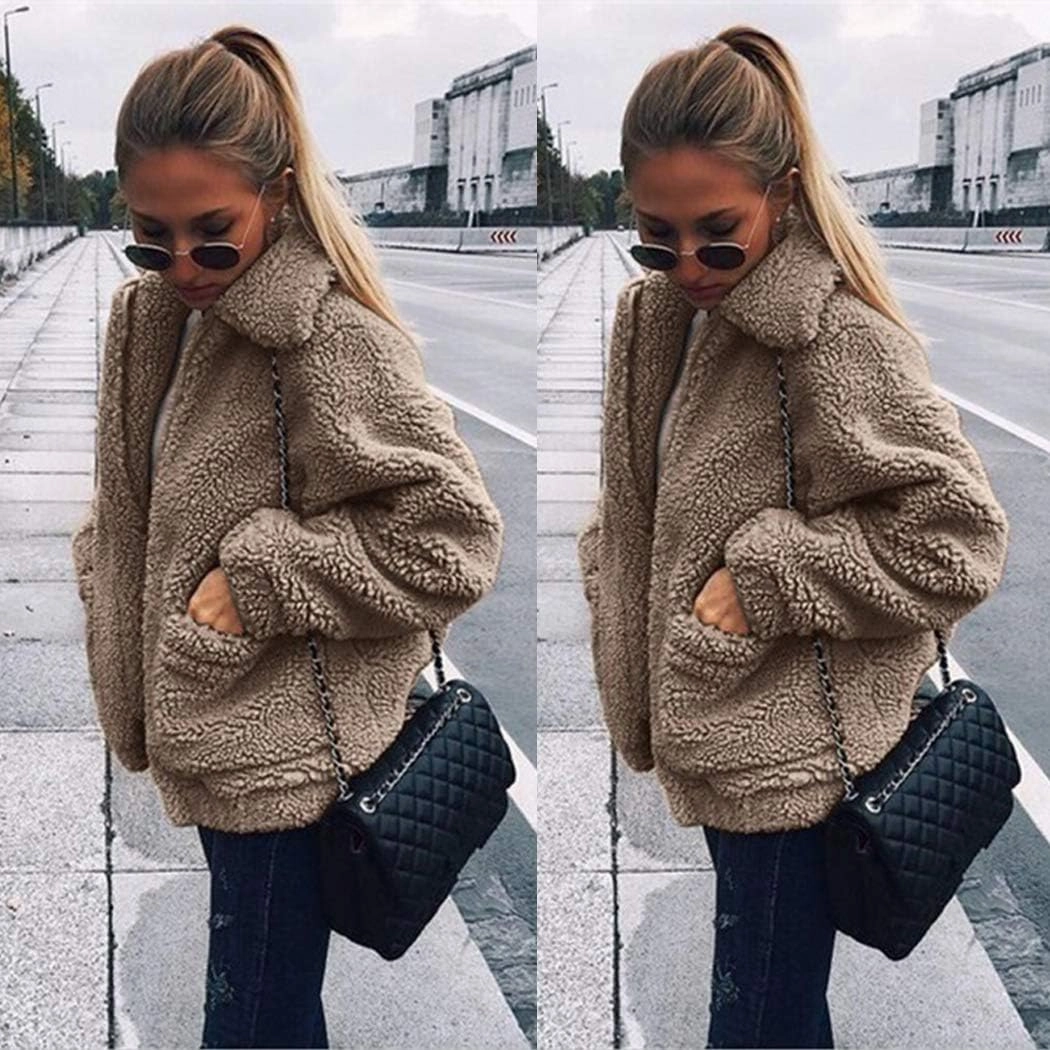 ECOWISH Women Jacket Winter Coat - 2024 Fur Fleece Long Sleeve Sherpa Faux Fuzzy Fall Teddy Fluffy Zip Lapel Outfits