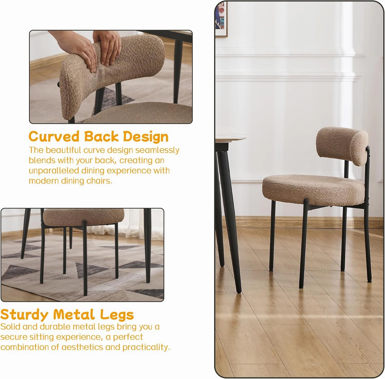 EDWELL Dining Chairs Set of 4, Round Upholstered Dining Room Chairs, Curved Backrest Boucle Dining Chair for Kitchen, Living Room, Mid Century Modern Dining Chairs with Black Metal Legs