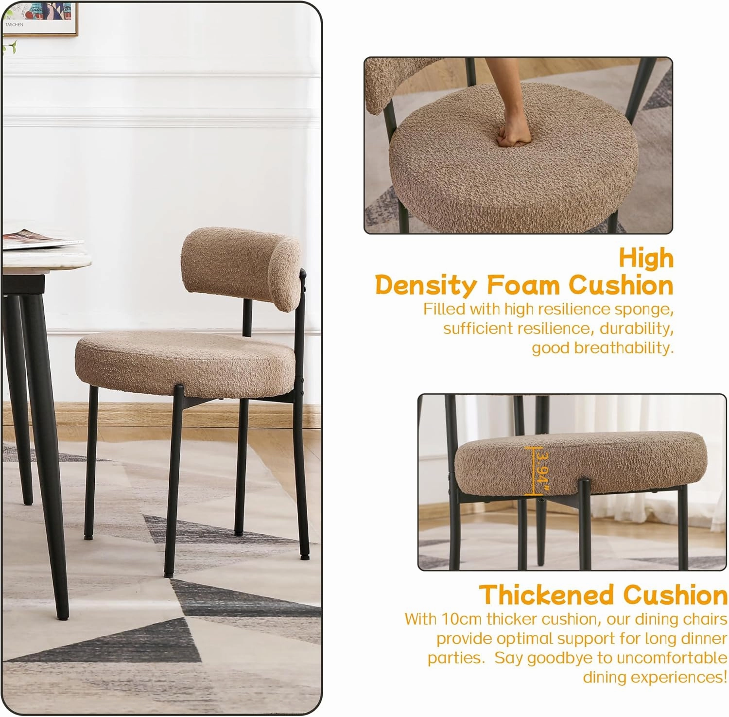 EDWELL Dining Chairs Set of 4, Round Upholstered Dining Room Chairs, Curved Backrest Boucle Dining Chair for Kitchen, Living Room, Mid Century Modern Dining Chairs with Black Metal Legs