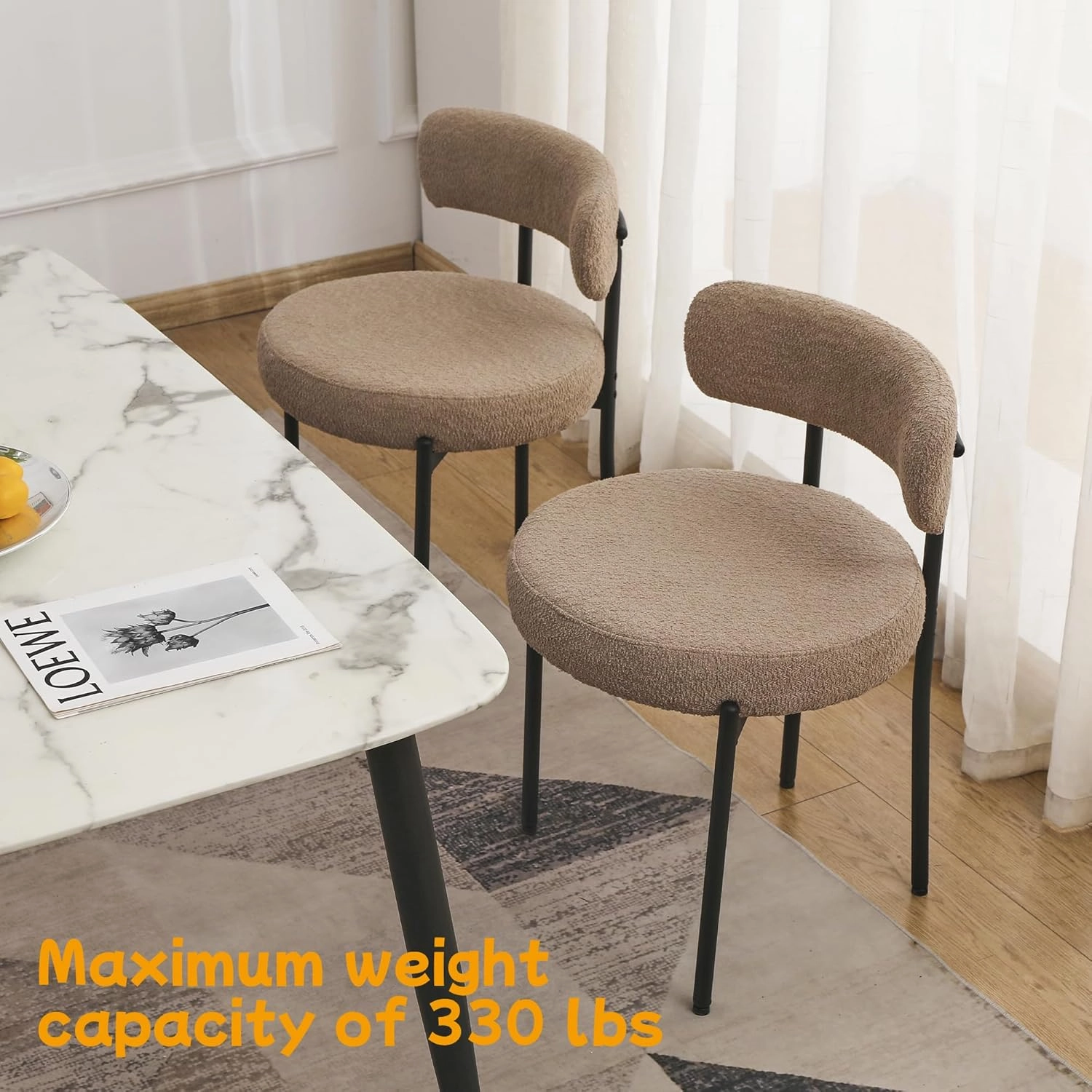 EDWELL Dining Chairs Set of 4, Round Upholstered Dining Room Chairs, Curved Backrest Boucle Dining Chair for Kitchen, Living Room, Mid Century Modern Dining Chairs with Black Metal Legs