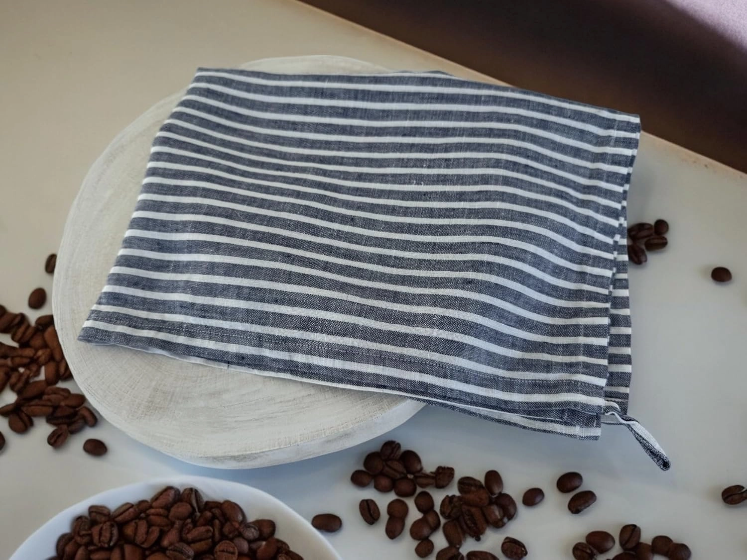 Eight Owls Stonewashed Linen Kitchen Dish Towels - 20 x 27 inch – 100% Pure Linen Tea Towel/Hand Towel - Set of 2 (Navy Stripe)