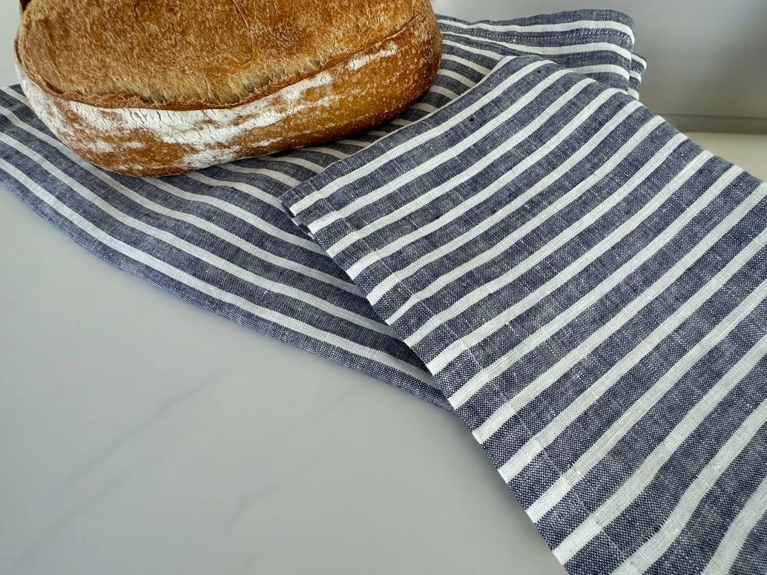 Eight Owls Stonewashed Linen Kitchen Dish Towels - 20 x 27 inch – 100% Pure Linen Tea Towel/Hand Towel - Set of 2 (Navy Stripe)