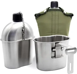 ELK Stainless Steel Military Canteen and Cup Set with Green Cover for Camping, Hiking, Backpacking, Hunting, Fishing and Outdoor Adventures - Complete Camping Essentials Kit
