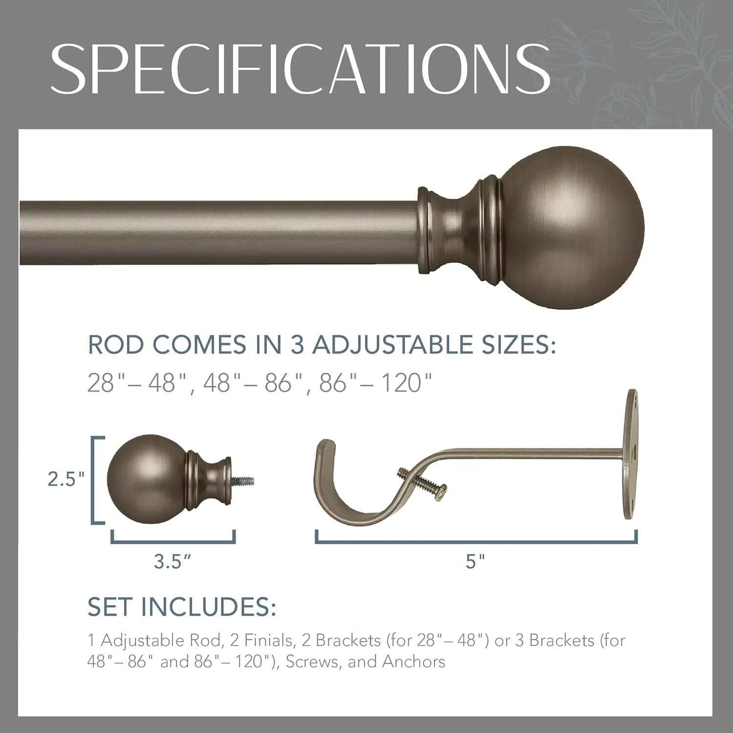 Elrene Home Fashions Cordelia Single Curtain Globe Ball Finials, 1 Inch Diameter, (Antique Pewter), (48X86), 48"-86" Adjustable Rod