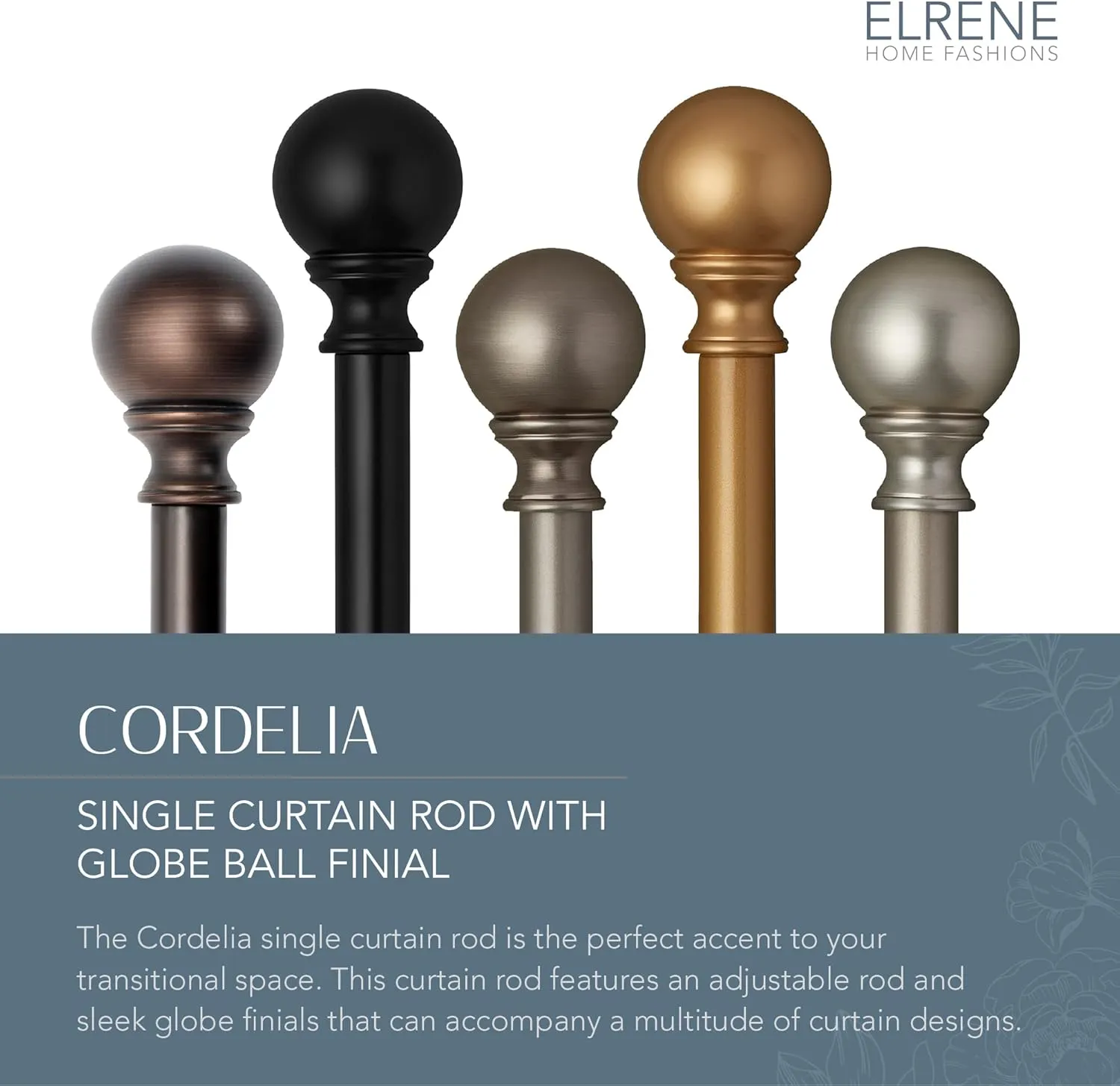 Elrene Home Fashions Cordelia Single Curtain Globe Ball Finials, 1 Inch Diameter, (Antique Pewter), (48X86), 48"-86" Adjustable Rod