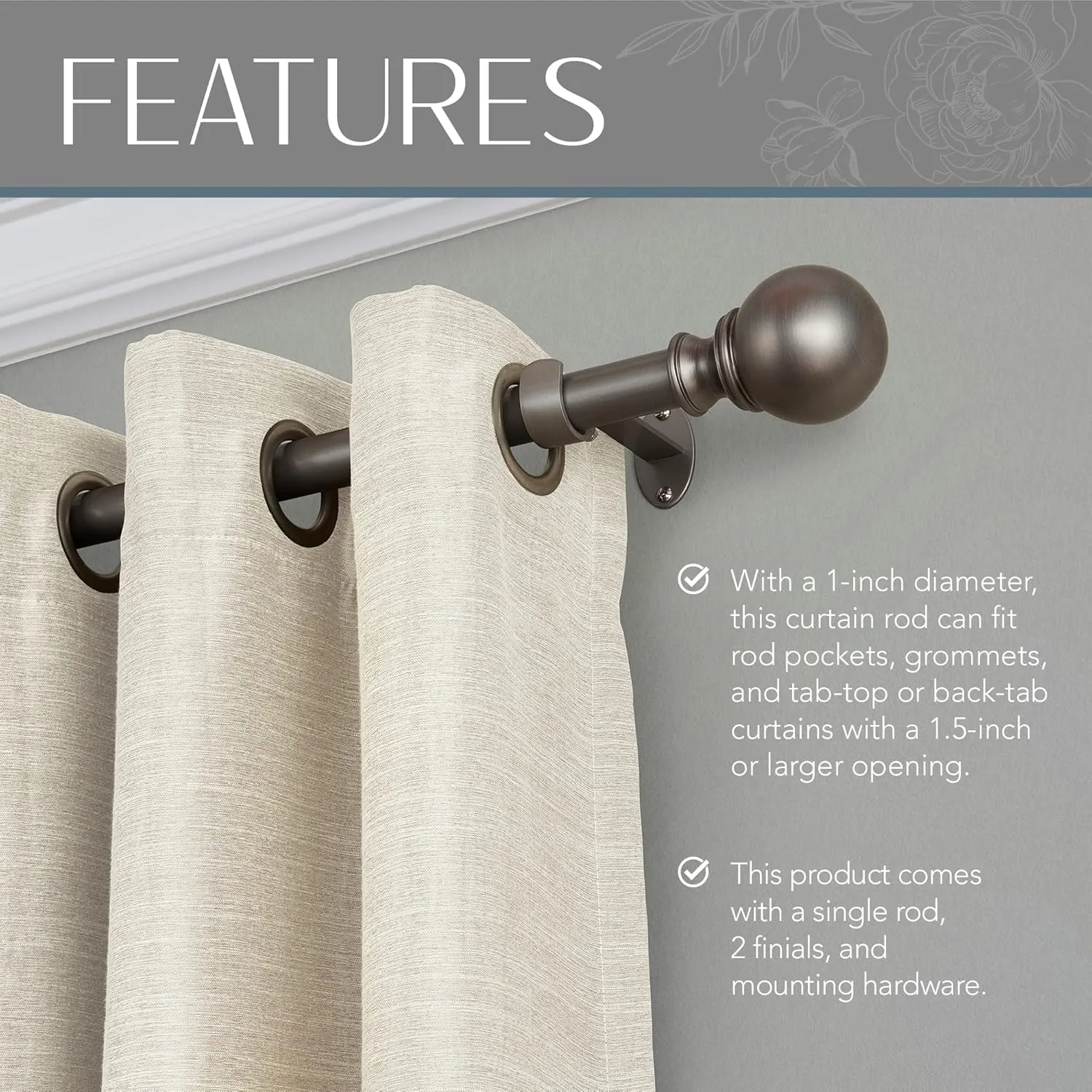 Elrene Home Fashions Cordelia Single Curtain Globe Ball Finials, 1 Inch Diameter, (Antique Pewter), (48X86), 48"-86" Adjustable Rod