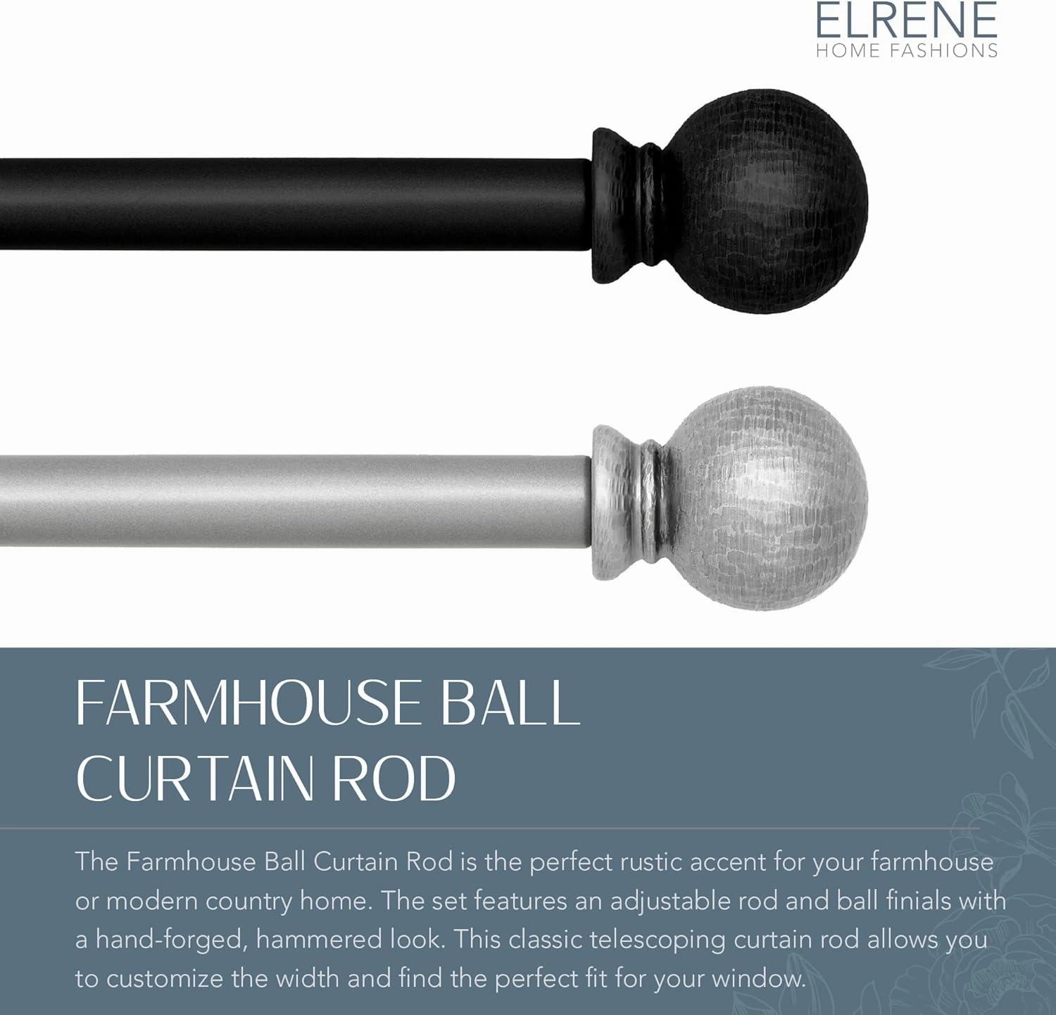 Elrene Home Fashions Rustic Farmhouse Adjustable Window Curtain Rod with Forged Hammered Round Ball Finials, 28X48, Pewter