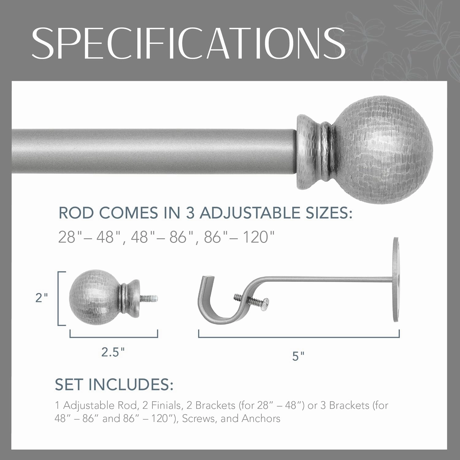 Elrene Home Fashions Rustic Farmhouse Adjustable Window Curtain Rod with Forged Hammered Round Ball Finials, 28X48, Pewter