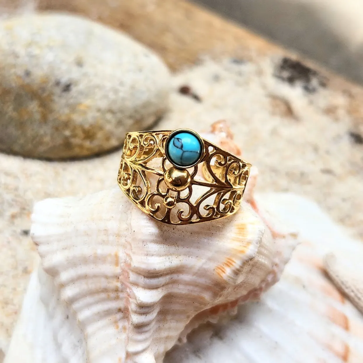 EMBOSSED TURQUOISE -  ADJUSTABLE WATERPROOF 18K GOLD RING