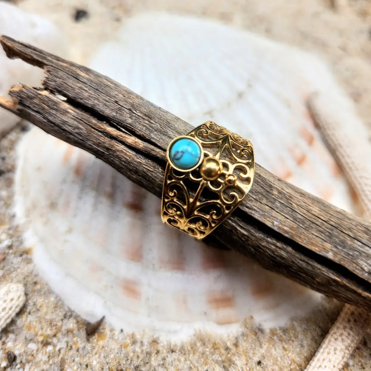 EMBOSSED TURQUOISE -  ADJUSTABLE WATERPROOF 18K GOLD RING