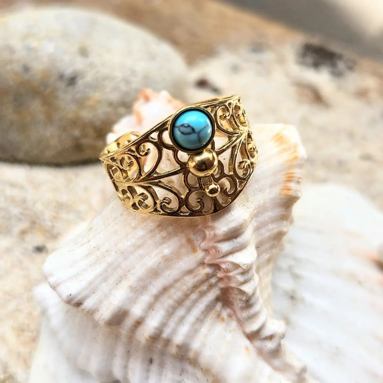 EMBOSSED TURQUOISE -  ADJUSTABLE WATERPROOF 18K GOLD RING