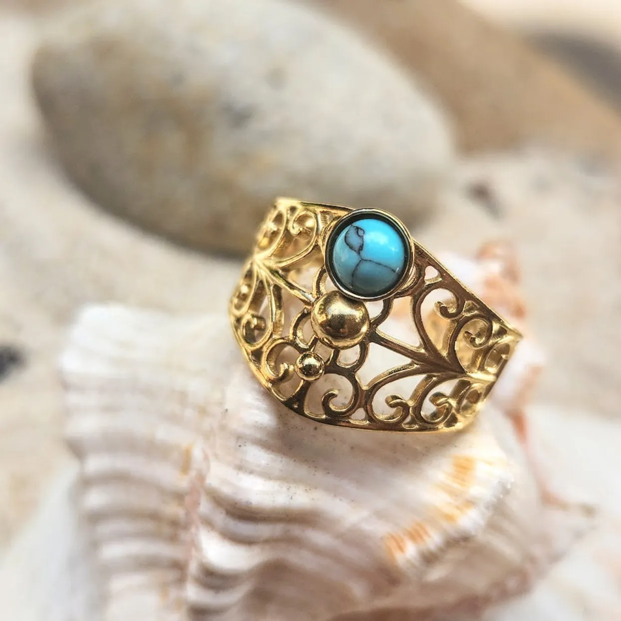 EMBOSSED TURQUOISE -  ADJUSTABLE WATERPROOF 18K GOLD RING