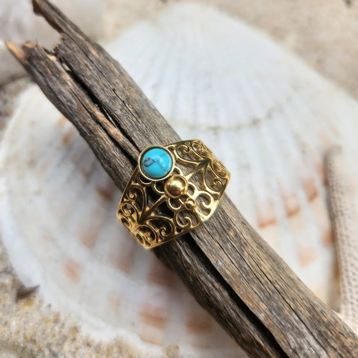 EMBOSSED TURQUOISE -  ADJUSTABLE WATERPROOF 18K GOLD RING