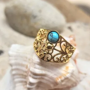 EMBOSSED TURQUOISE -  ADJUSTABLE WATERPROOF 18K GOLD RING