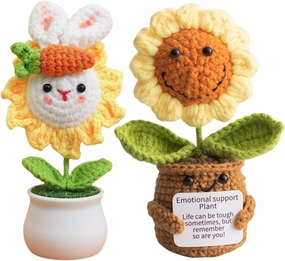 Emotional Support Crochet Sunflower, 2 Pcs Crocheted Plush Plant Flowers, Handmade Knitted Flowers Doll, Positive Sunflowers Decor with Positive Affirmations Card, Encouraging Cheer Up Gifts for Women