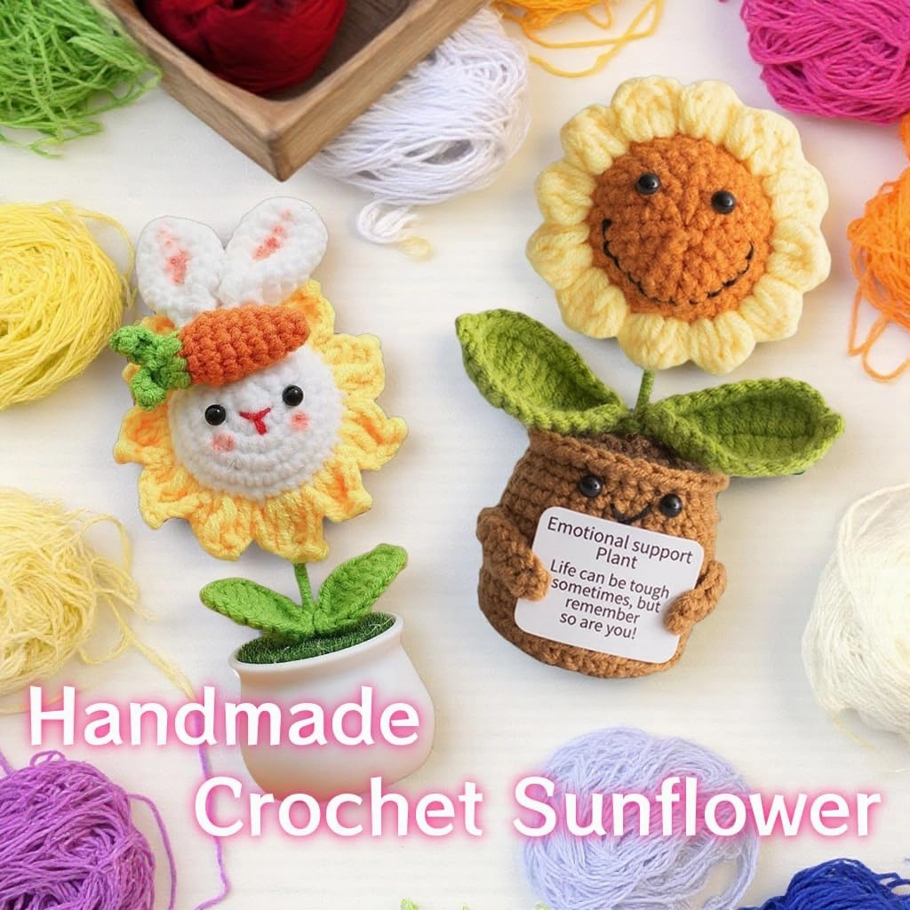 Emotional Support Crochet Sunflower, 2 Pcs Crocheted Plush Plant Flowers, Handmade Knitted Flowers Doll, Positive Sunflowers Decor with Positive Affirmations Card, Encouraging Cheer Up Gifts for Women