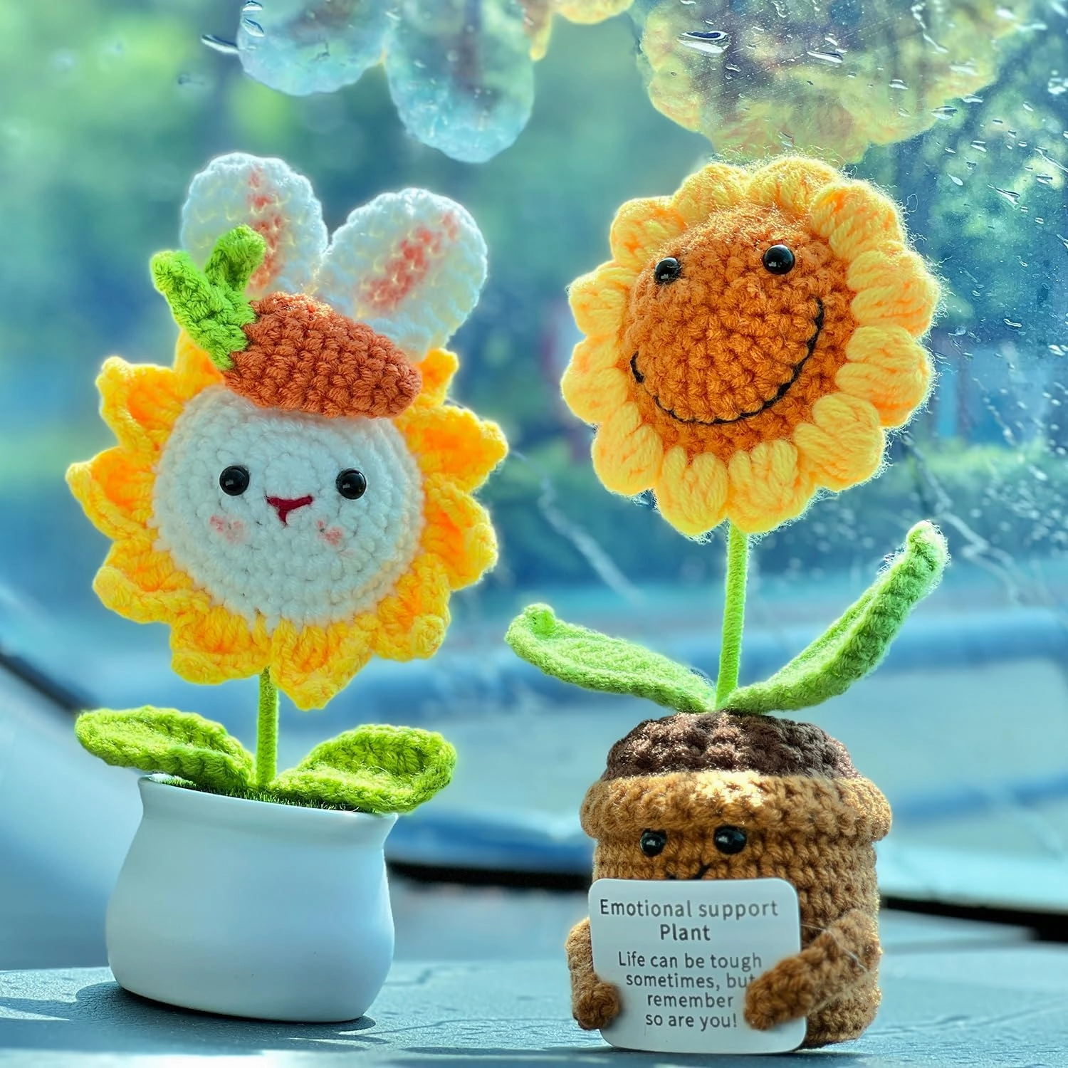 Emotional Support Crochet Sunflower, 2 Pcs Crocheted Plush Plant Flowers, Handmade Knitted Flowers Doll, Positive Sunflowers Decor with Positive Affirmations Card, Encouraging Cheer Up Gifts for Women