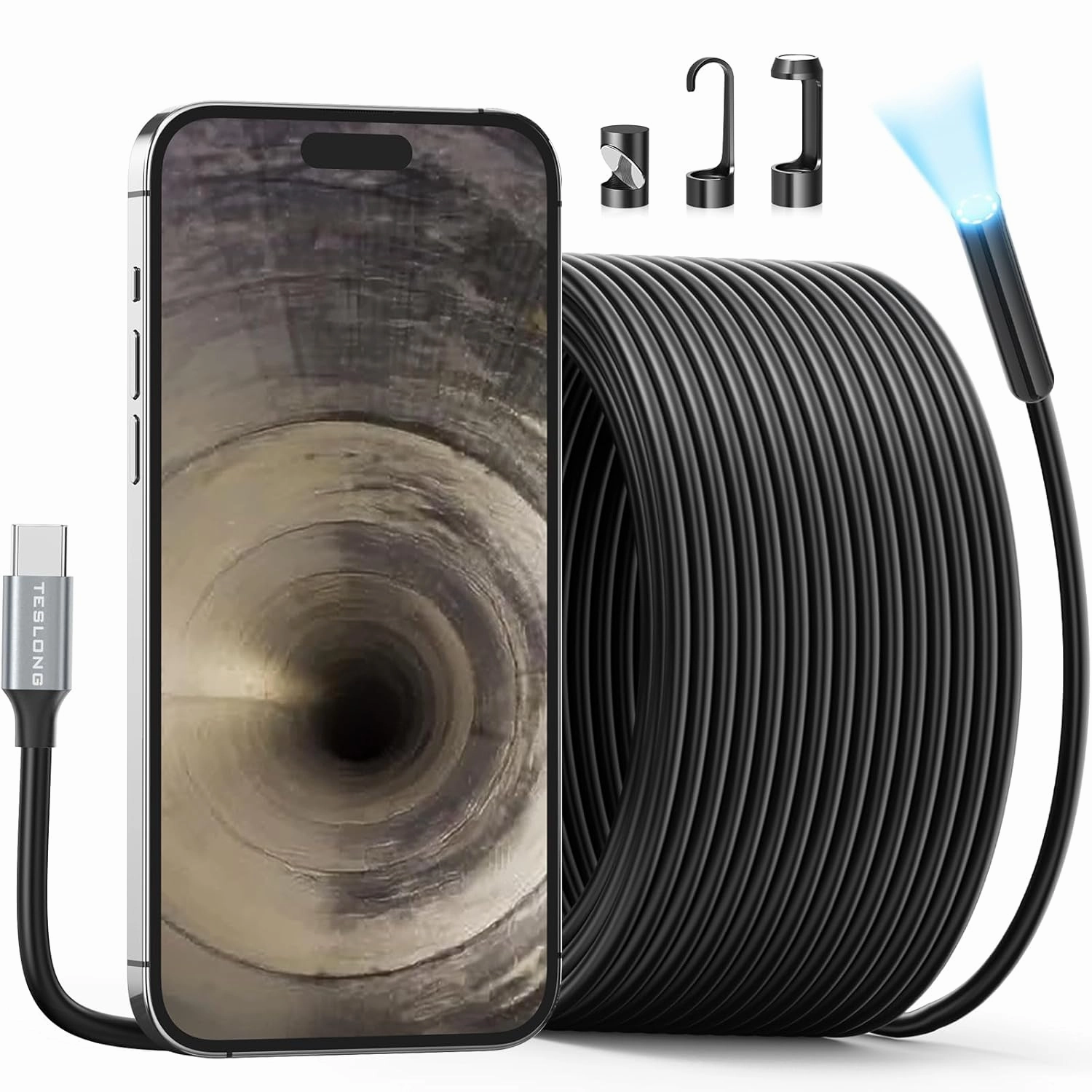 Endoscope Camera with Light, Teslong USB-C Borescope Inspection Camera with 8 LED Lights, Flexible Waterproof Snake Scope, Fiber Optic Cam Compatible with iPhone 15, Android Phone(33ft)