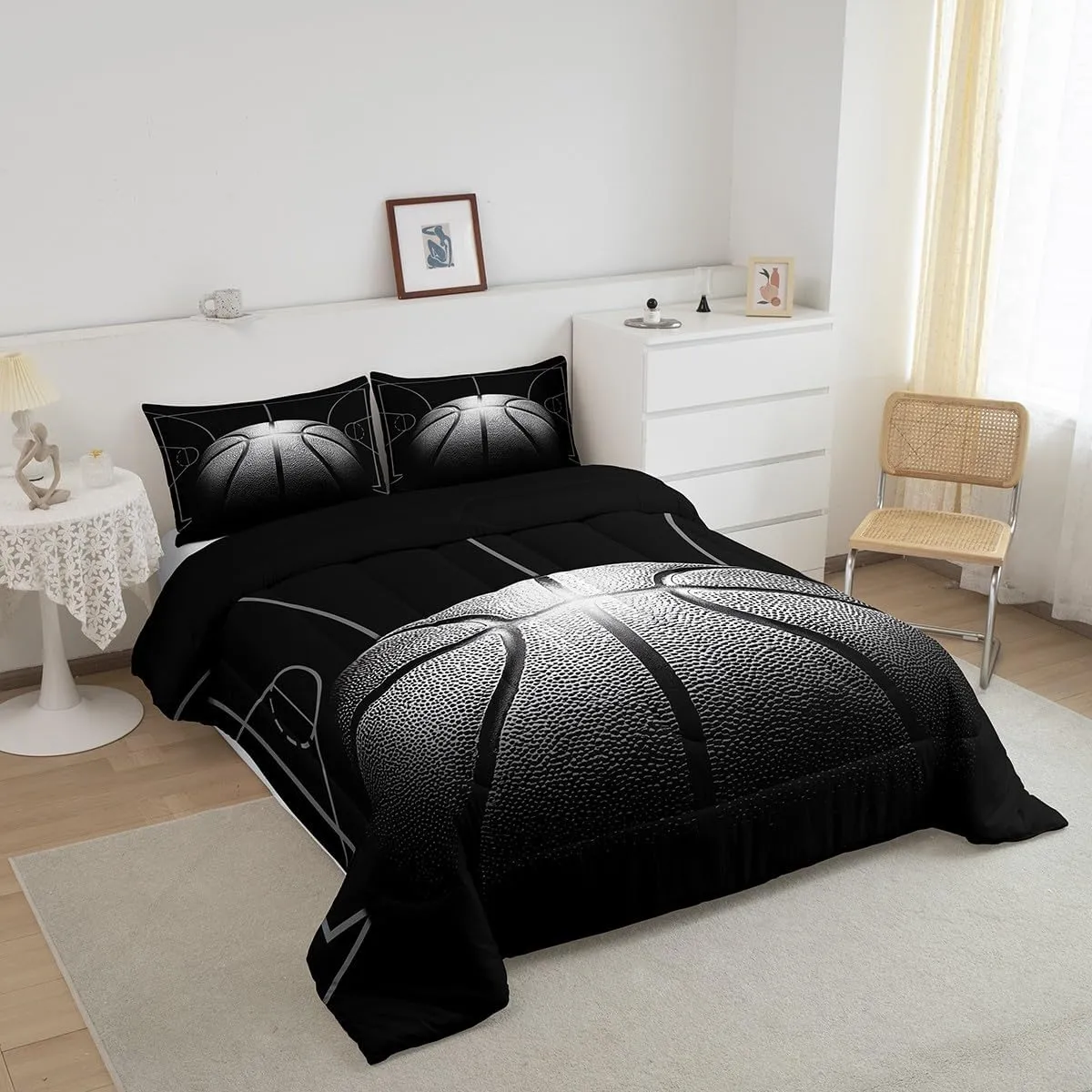 Erosebridal Boys Comforter Set Queen,Black Basketball Bedding Set for Boys,Sports Down Comforter for Basketball Player,3D Basketball Bed Set with 2 Pillowcases Lightweight