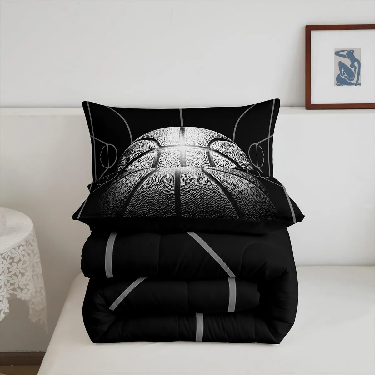 Erosebridal Boys Comforter Set Queen,Black Basketball Bedding Set for Boys,Sports Down Comforter for Basketball Player,3D Basketball Bed Set with 2 Pillowcases Lightweight