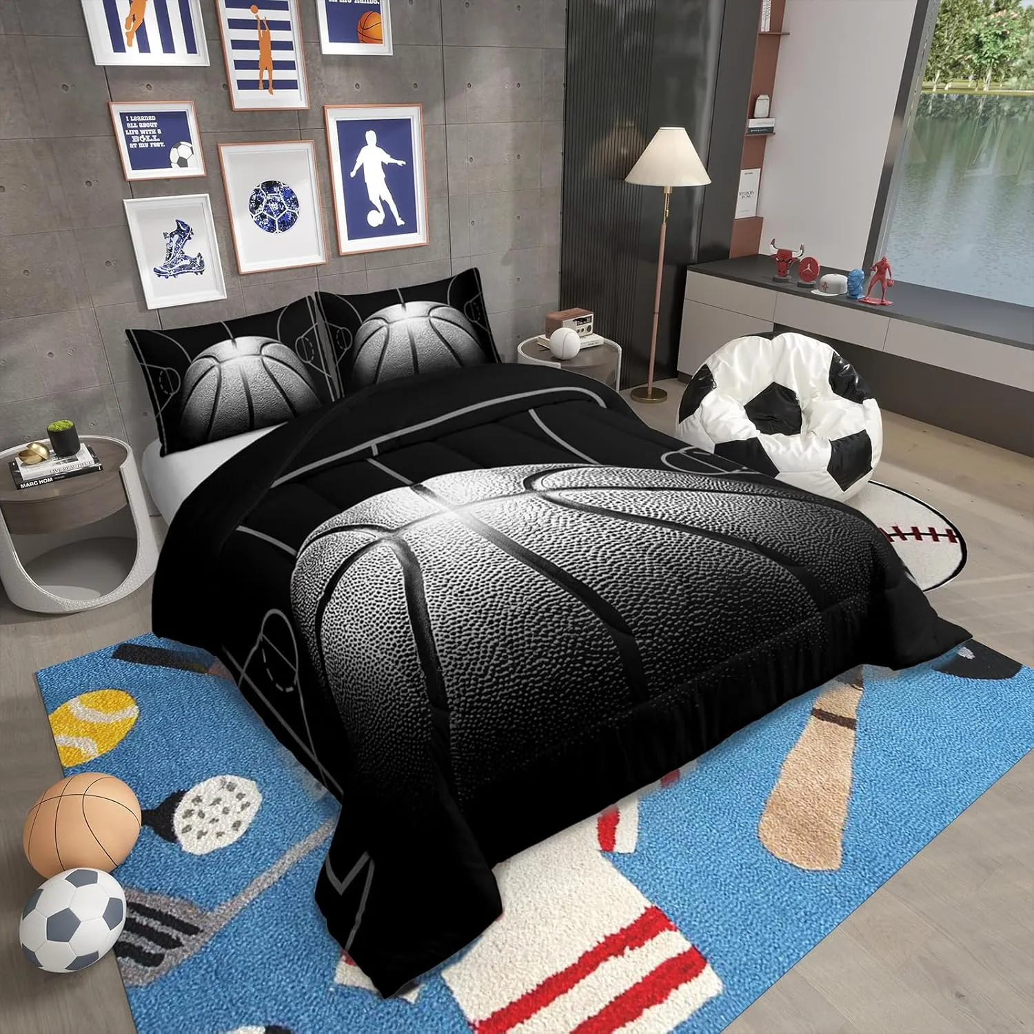 Erosebridal Boys Comforter Set Queen,Black Basketball Bedding Set for Boys,Sports Down Comforter for Basketball Player,3D Basketball Bed Set with 2 Pillowcases Lightweight