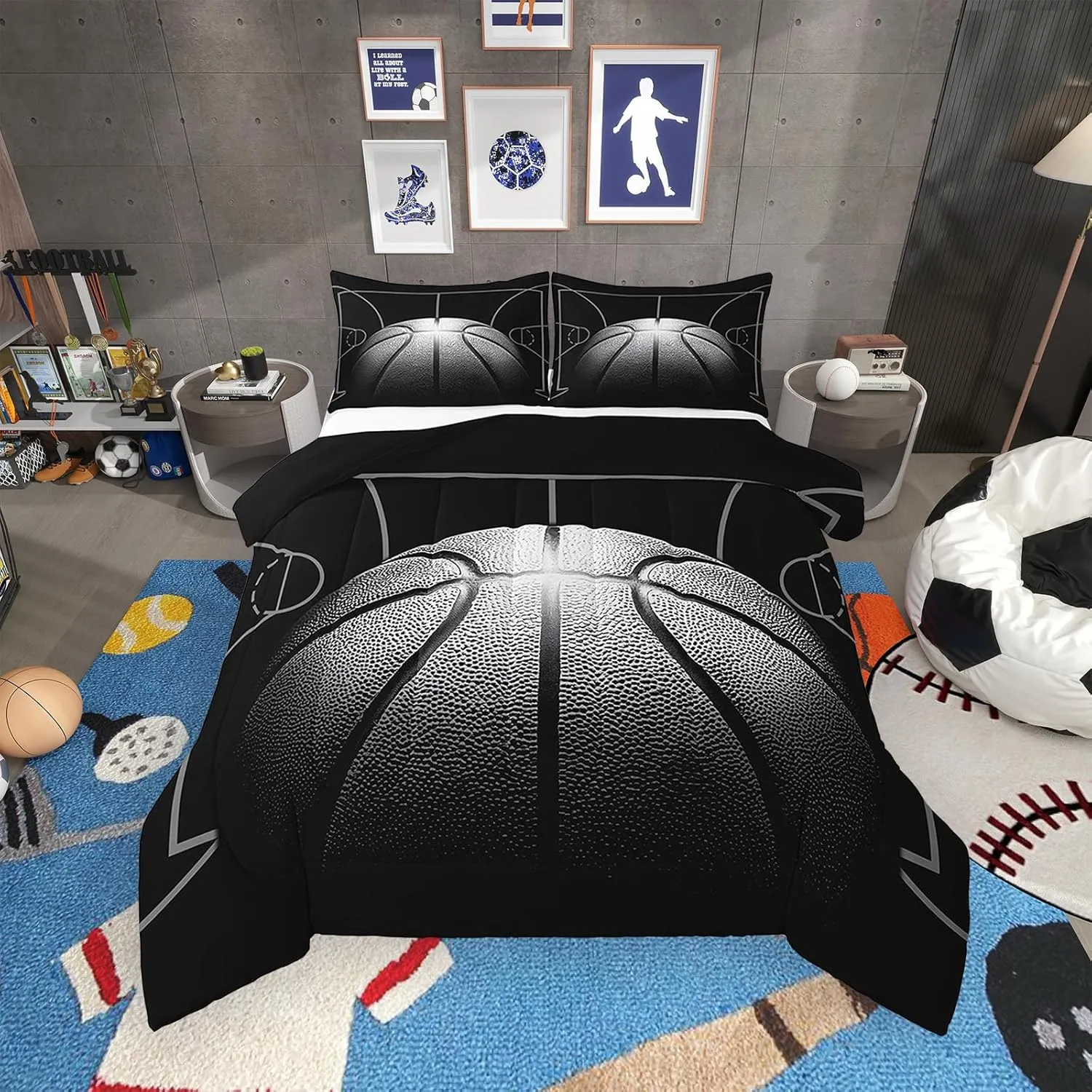 Erosebridal Boys Comforter Set Queen,Black Basketball Bedding Set for Boys,Sports Down Comforter for Basketball Player,3D Basketball Bed Set with 2 Pillowcases Lightweight