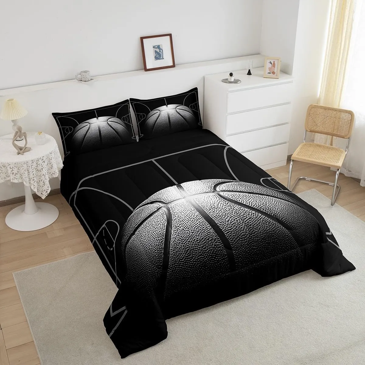 Erosebridal Boys Comforter Set Queen,Black Basketball Bedding Set for Boys,Sports Down Comforter for Basketball Player,3D Basketball Bed Set with 2 Pillowcases Lightweight