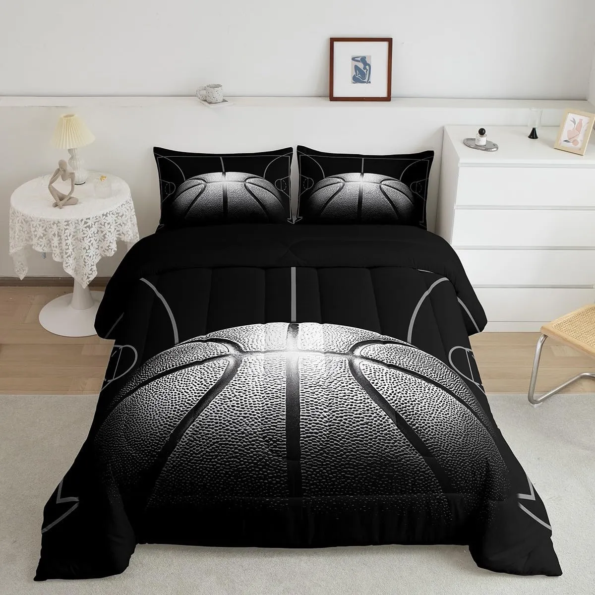Erosebridal Boys Comforter Set Queen,Black Basketball Bedding Set for Boys,Sports Down Comforter for Basketball Player,3D Basketball Bed Set with 2 Pillowcases Lightweight