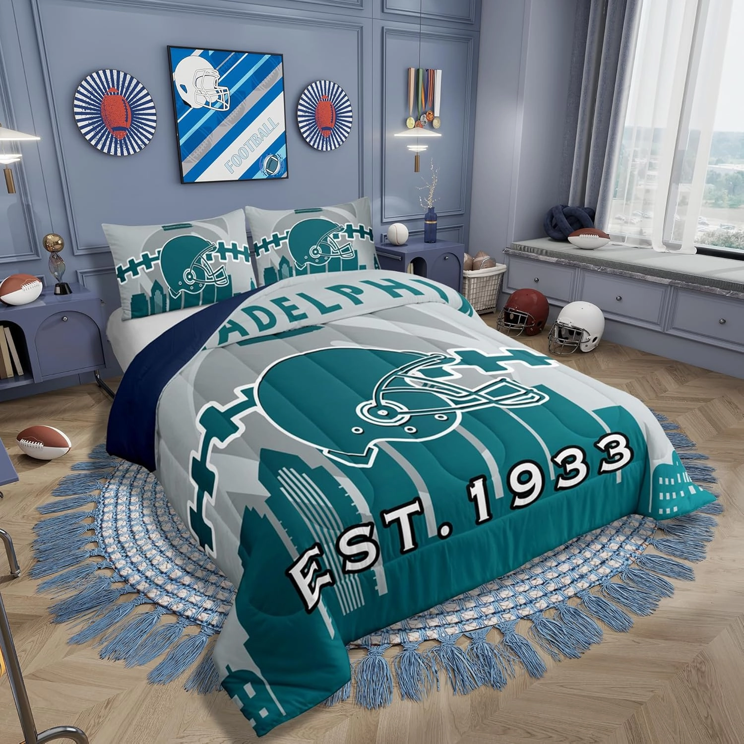 Erosebridal Sports Comforter for Boys,Football Bedding Set Twin Size,American Football Players Comforter Sets,Sports Ball Game Duvet Insert with 1 Pillowcase Lightweight(Philadelphia)