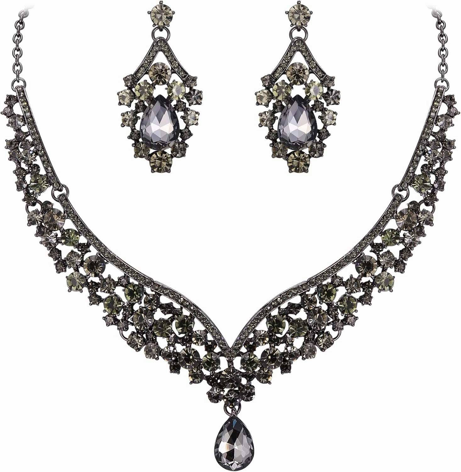 EVER FAITH Wedding Jewelry for Bride Austrian Crystal Elegant V-Shaped Teardrop Bridal Prom Statement Necklace Earrings Set for Women