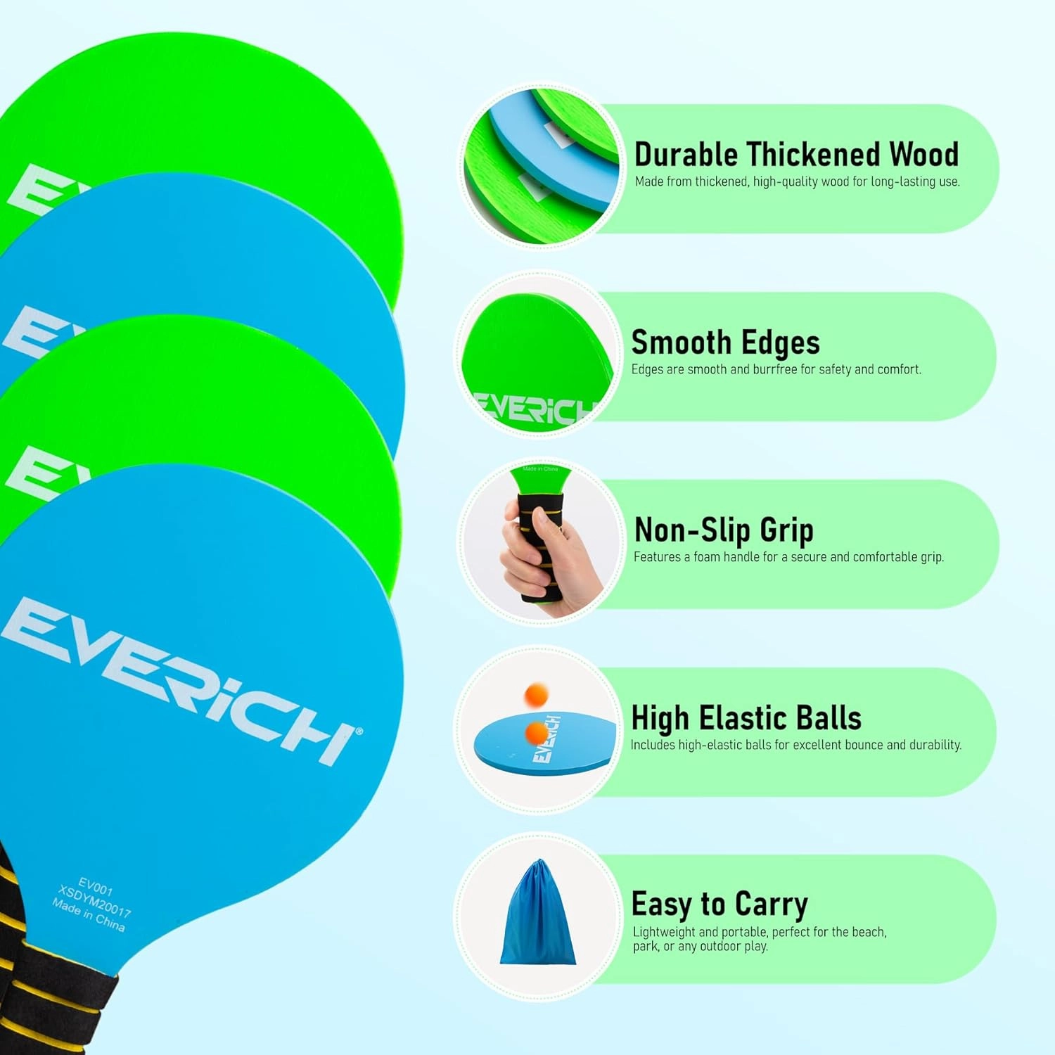 EVERICH Upgraded Toss Catch Paddle Ball Game Set Flying Disc, Outdoor Racket Games for Kids Adults, Beach Pool Sand Lawn Toys Includes 8 Paddles 8 Balls 8 Birdies, Birthday Easter Gift for Boys Girls
