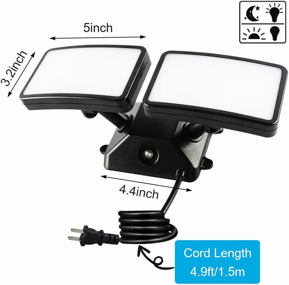 FAGUANGAO Dusk to Dawn LED Security Light,18W Plug in Flood Light Outdoor,5000k Daylight,1600lm, IP55 Waterproof,Adjustable 2 Heads Wall Light for Garage, Porch, Yard, Black,Street