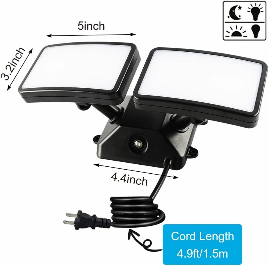 FAGUANGAO Dusk to Dawn LED Security Light,18W Plug in Flood Light Outdoor,5000k Daylight,1600lm, IP55 Waterproof,Adjustable 2 Heads Wall Light for Garage, Porch, Yard, Black,Street