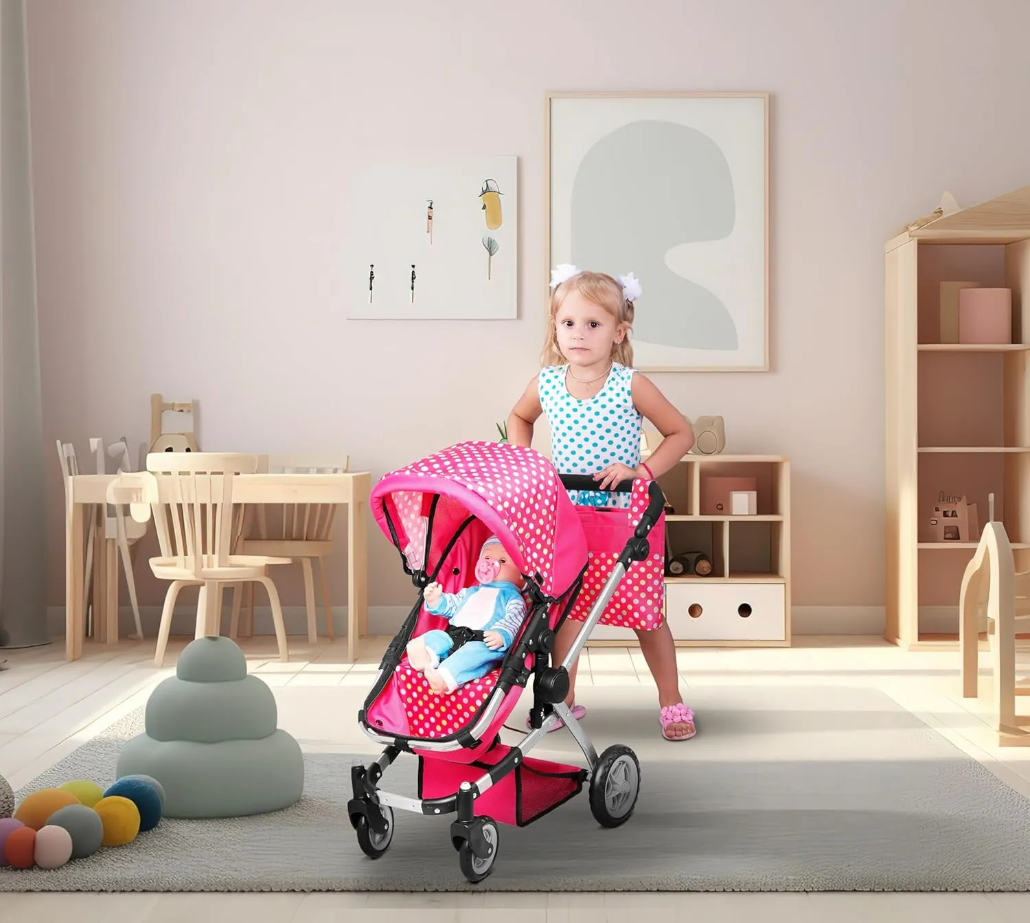 fash n kolor Foldable Pram for Baby Doll with Polka Dots Design with Swiveling Wheel Adjustable Handle