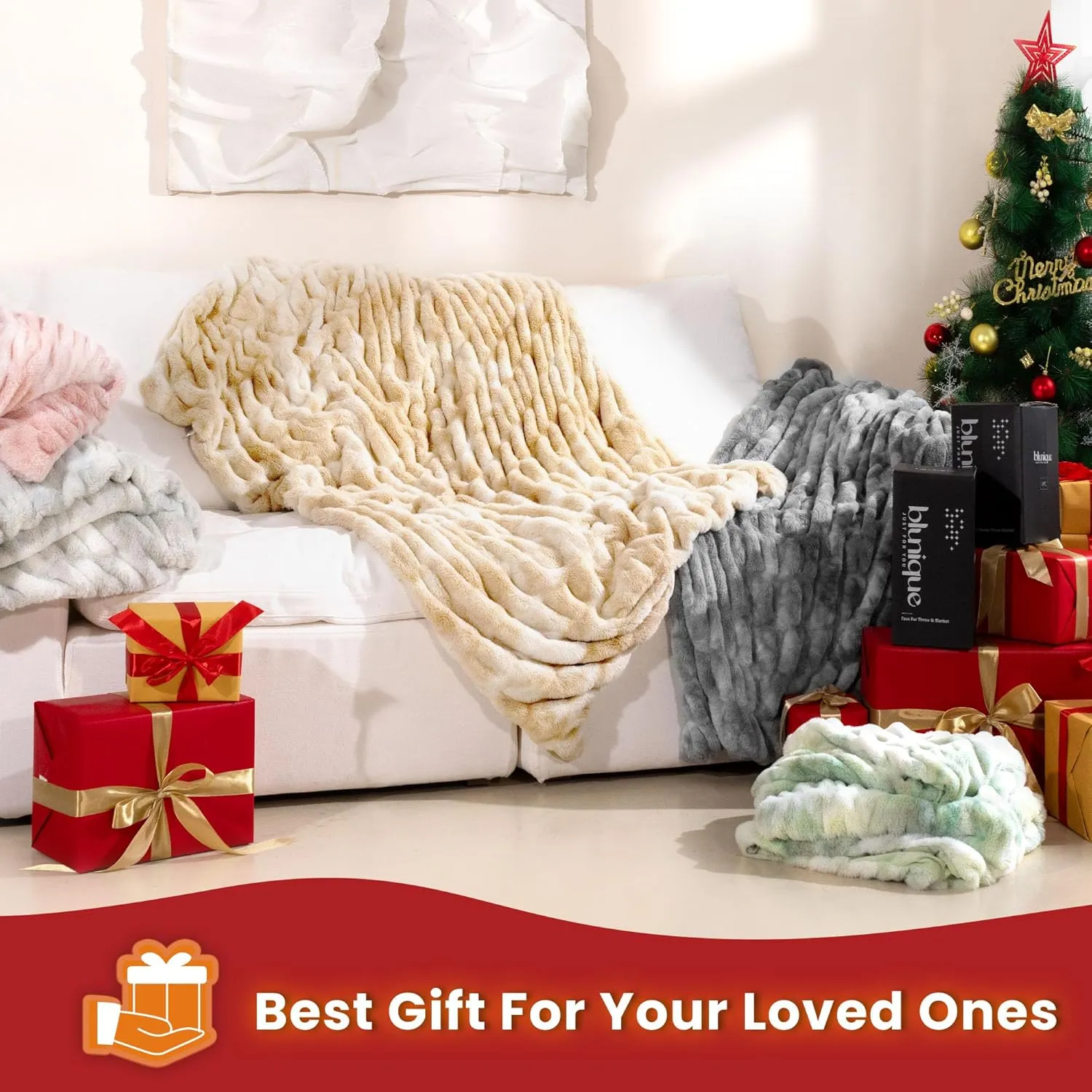 Faux Fur Blanket, Throw Blanket for Couch, Fluffy Blanket with Stretch Ruched Design, Ultra Soft Giftable Home Decor, 50x60 inches, Tie-Dyed in White and Gray