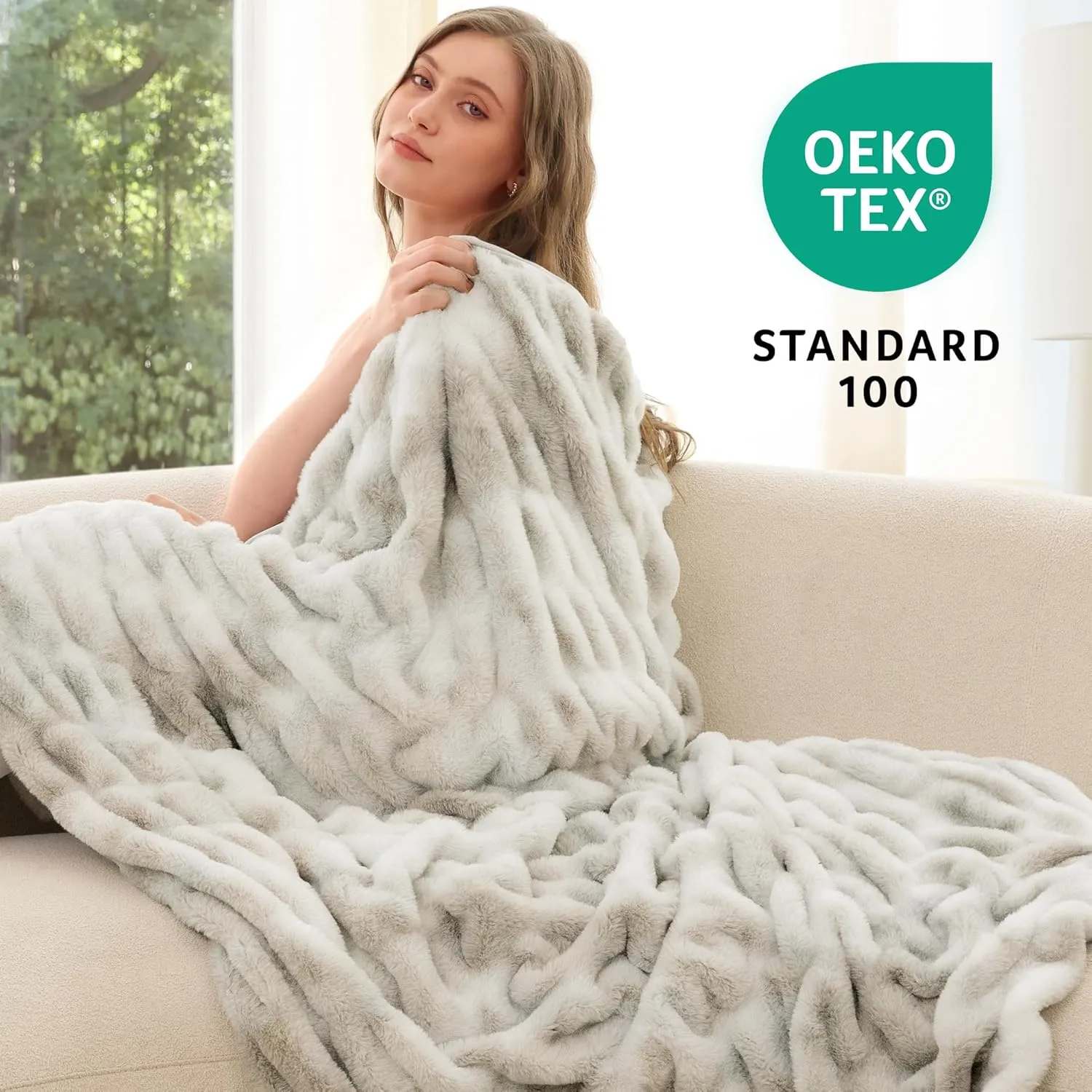 Faux Fur Blanket, Throw Blanket for Couch, Fluffy Blanket with Stretch Ruched Design, Ultra Soft Giftable Home Decor, 50x60 inches, Tie-Dyed in White and Gray