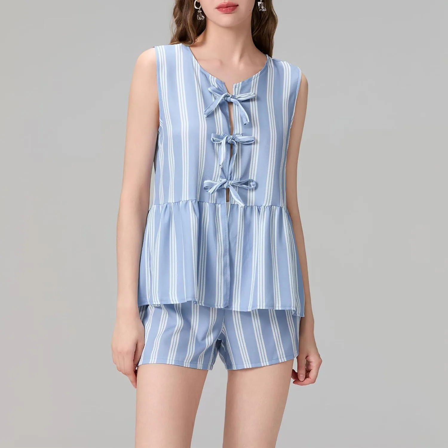 FEORJGP Women Y2K Peplum 2 Piece Shorts Set Tracksuit Striped Peplum Tank Tops with Shorts 2PCs Clothes Set Summer Streetwear