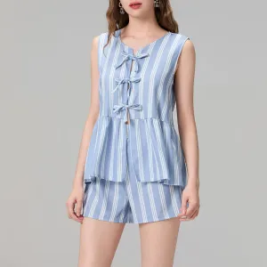 FEORJGP Women Y2K Peplum 2 Piece Shorts Set Tracksuit Striped Peplum Tank Tops with Shorts 2PCs Clothes Set Summer Streetwear