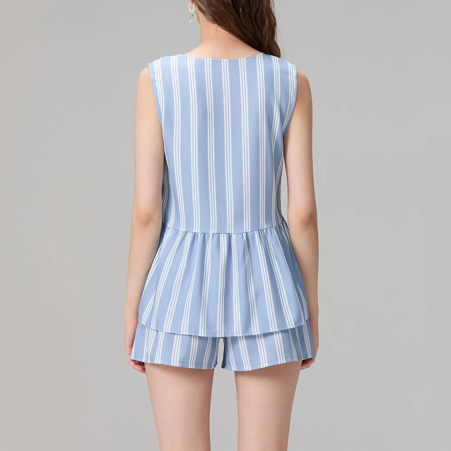 FEORJGP Women Y2K Peplum 2 Piece Shorts Set Tracksuit Striped Peplum Tank Tops with Shorts 2PCs Clothes Set Summer Streetwear