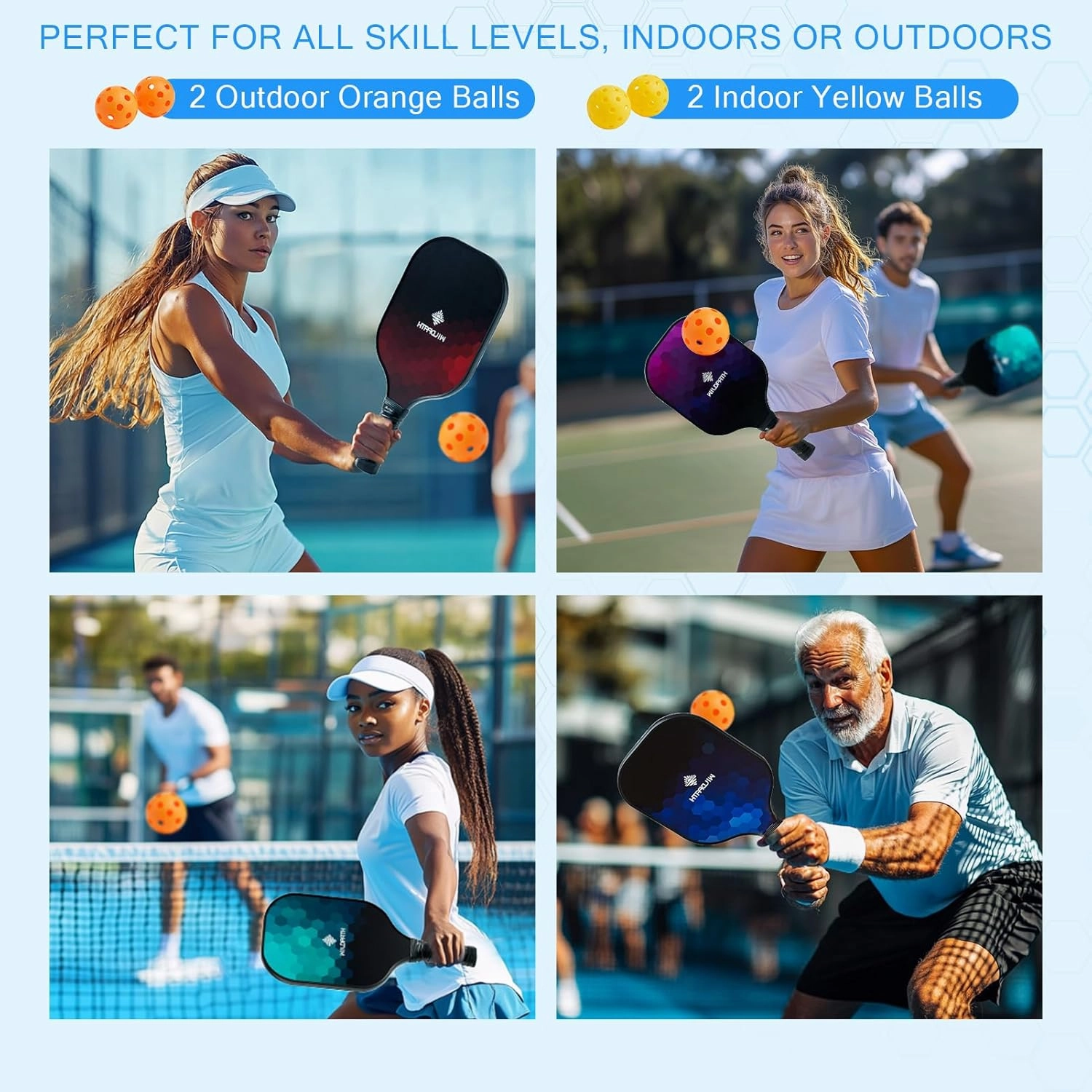 Fiberglass Pickleball Paddles Set of 2 or 4, Lightwight Pickle Ball Rackets 2 or 4 Pack with Polypropylene Core for Beginners