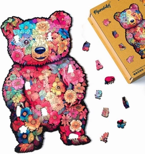 Figured'Art Wooden Puzzle for Adults and Children 200 Pieces Animals – Floral Teddy Bear – Original Design 21.5 x 36 cm Unique Shape with Premium Wooden Box, Perfect for Giving as a Gift