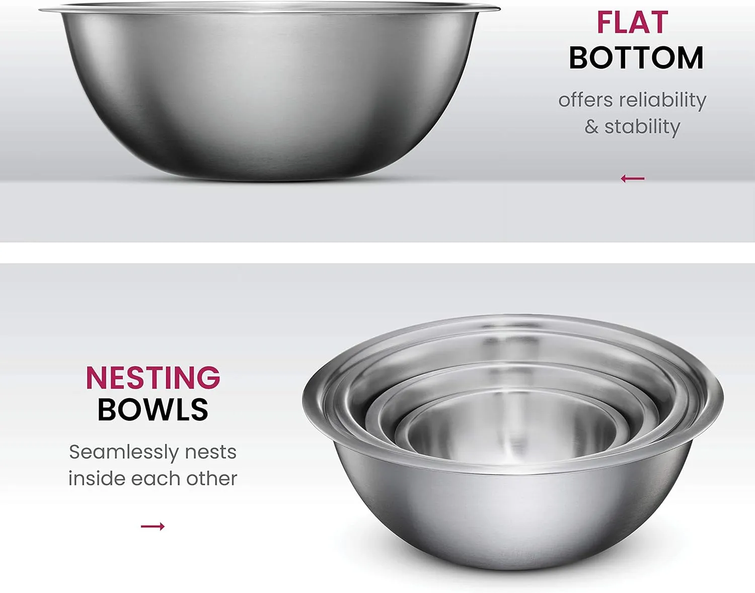 FineDine Stainless Steel Mixing Bowls Set for Kitchen, Dishwasher Safe Nesting Bowls for Cooking, Baking, Meal Prepping