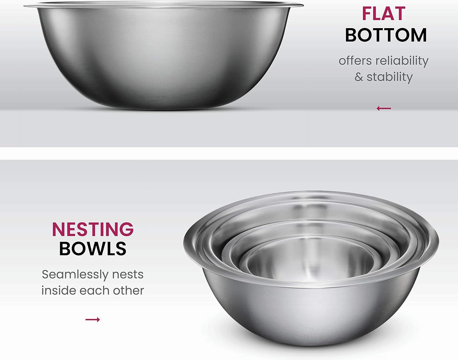 FineDine Stainless Steel Mixing Bowls Set for Kitchen, Dishwasher Safe Nesting Bowls for Cooking, Baking, Meal Prepping
