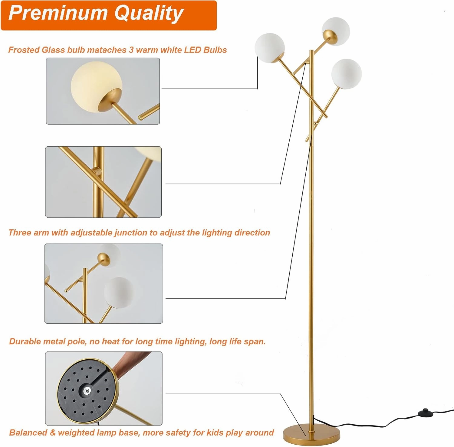 Fiqevs 3 Globe Floor Lamp with 2700K Warm Light & LED Bulbs Included, Mid Modern Gold Standing Lamp with Adjustable Lampshade, Arc Sputnik Tree Tall Lamp for Living Room, Bedroom - Antique Brass