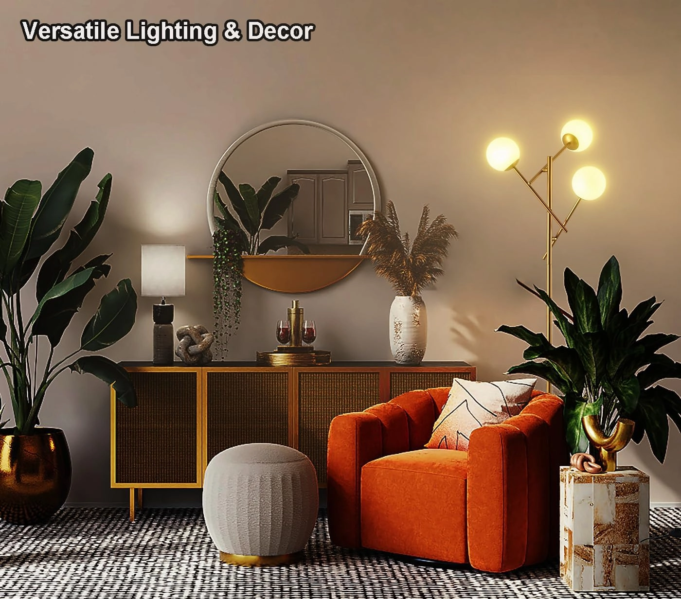 Fiqevs 3 Globe Floor Lamp with 2700K Warm Light & LED Bulbs Included, Mid Modern Gold Standing Lamp with Adjustable Lampshade, Arc Sputnik Tree Tall Lamp for Living Room, Bedroom - Antique Brass