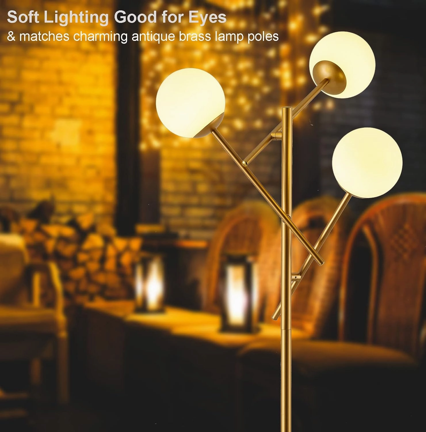 Fiqevs 3 Globe Floor Lamp with 2700K Warm Light & LED Bulbs Included, Mid Modern Gold Standing Lamp with Adjustable Lampshade, Arc Sputnik Tree Tall Lamp for Living Room, Bedroom - Antique Brass