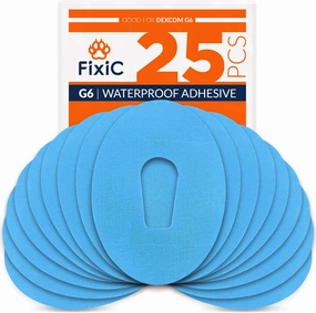 FixiC – Adhesive Patches for G6 – 25 Pack Premium Waterproof Adhesive Patches – Pre-Cut Back Paper – Adhesive Patch for G6 – Long Fixation! (Light Blue)